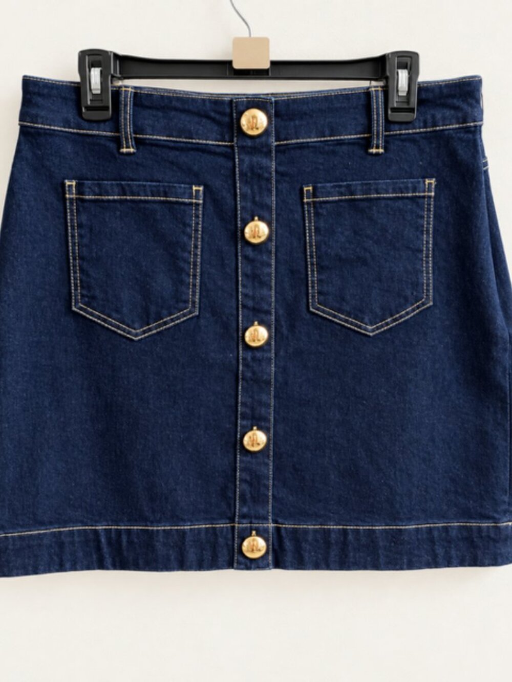 Boston Proper Dark Wash Denim Mini Skirt Size 12 Gold Button Front